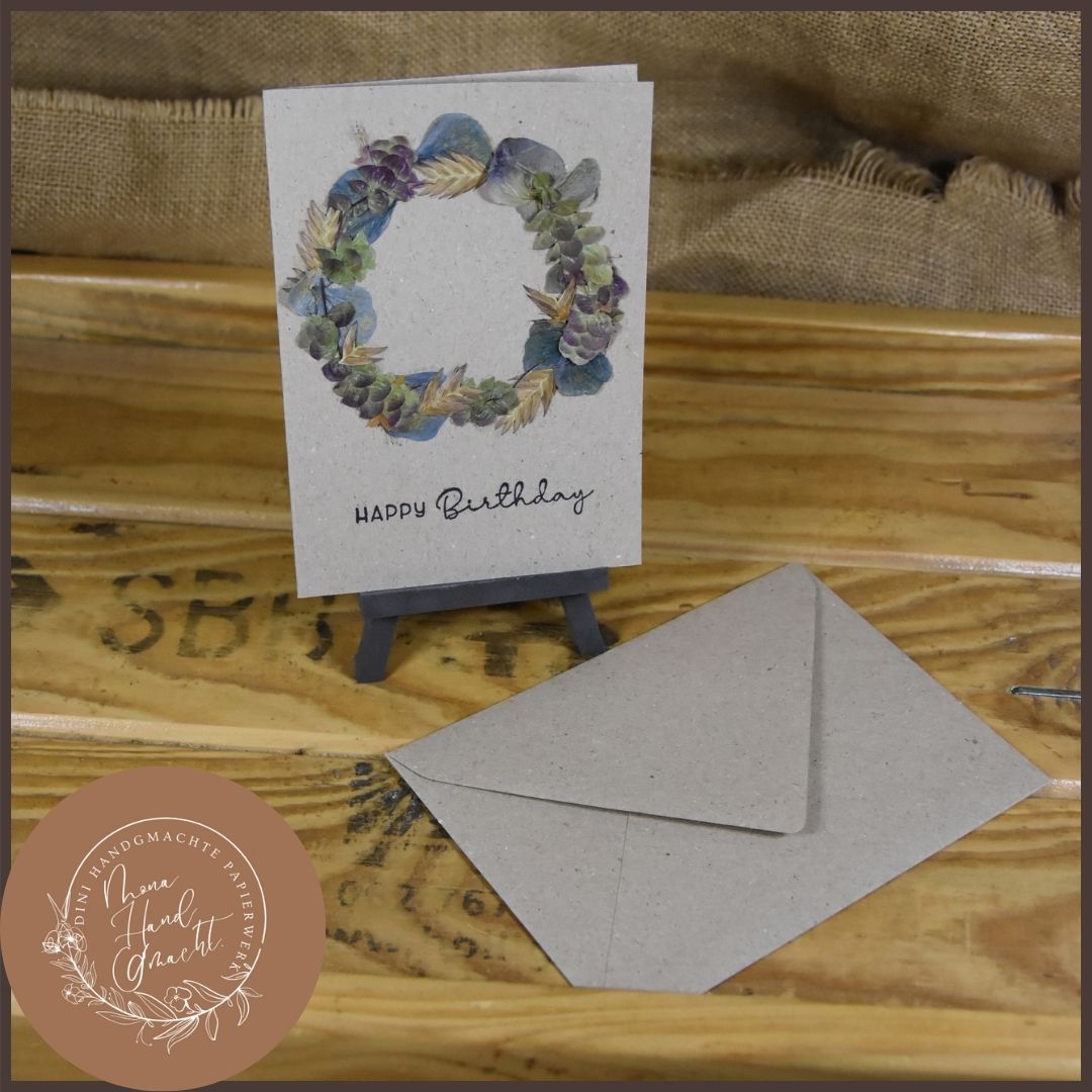 Happy Birthday | Postkarte | gepresste echte Blumen | Hortensie | Hopfenoregano | Uniola