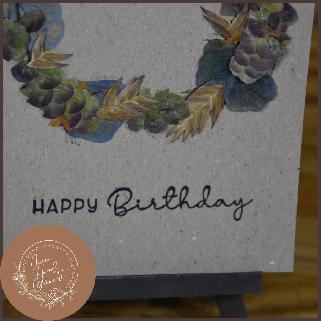 Happy Birthday | Postkarte | gepresste echte Blumen | Hortensie | Hopfenoregano | Uniola