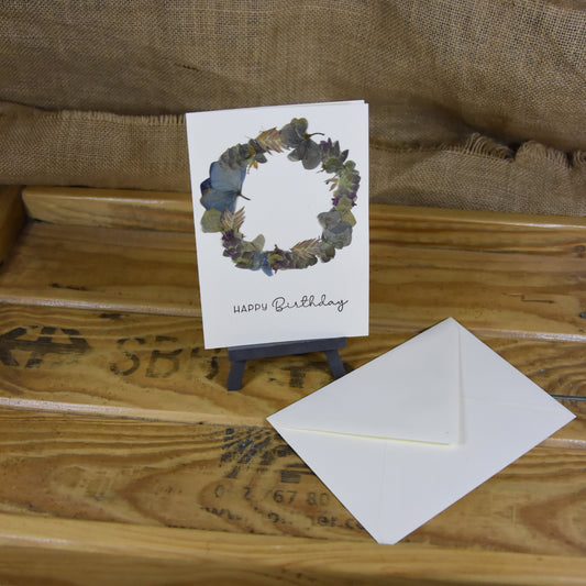 Happy Birthday | Postkarte | gepresste echte Blumen | Hortensie | Hopfenoregano
