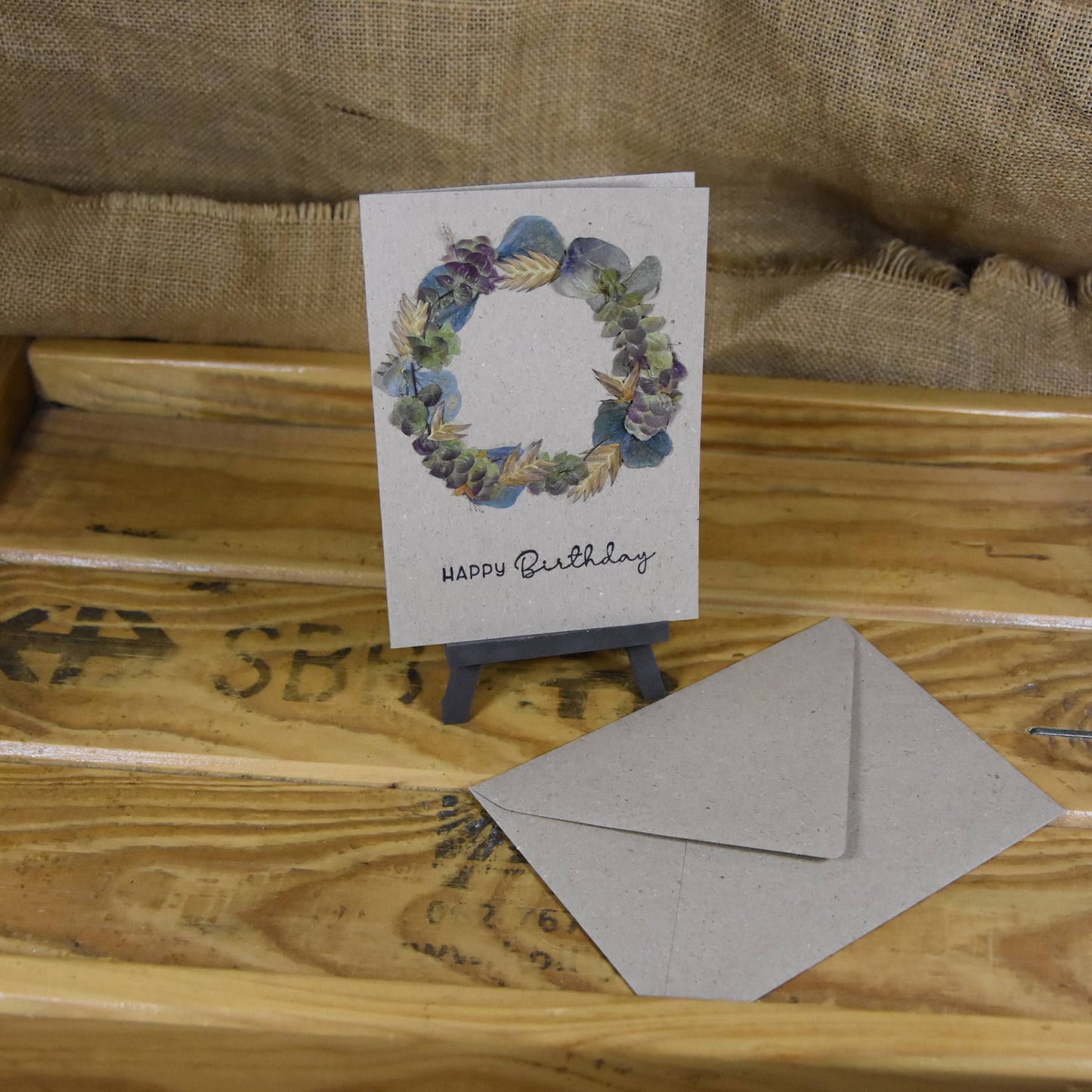 Happy Birthday | Postkarte | gepresste echte Blumen | Hortensie | Hopfenoregano | Uniola