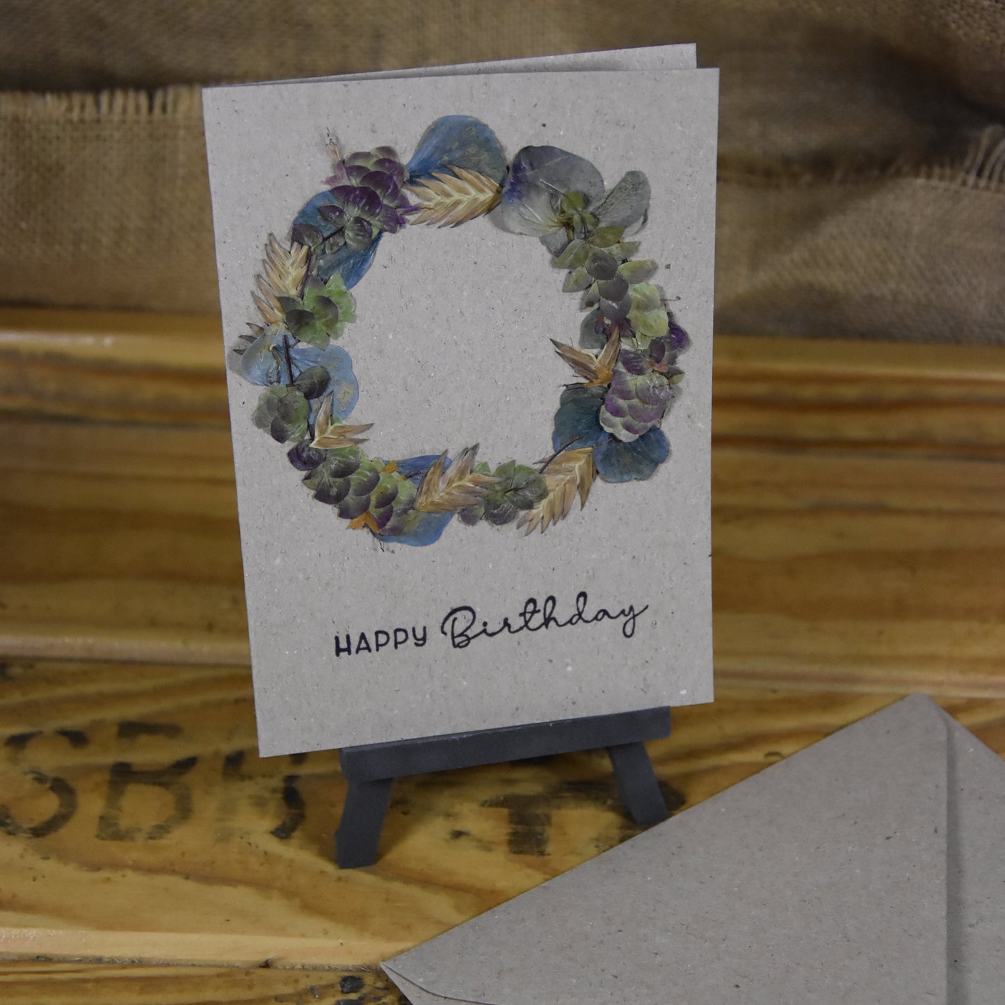 Happy Birthday | Postkarte | gepresste echte Blumen | Hortensie | Hopfenoregano | Uniola